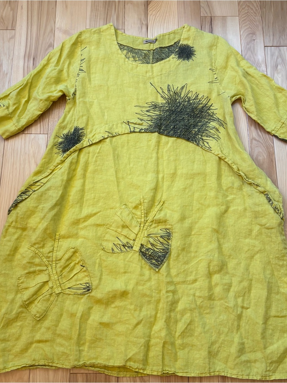 Klasiks Linen Boho Lagenlook Style Yellow Butterfly Accent Midi Dress